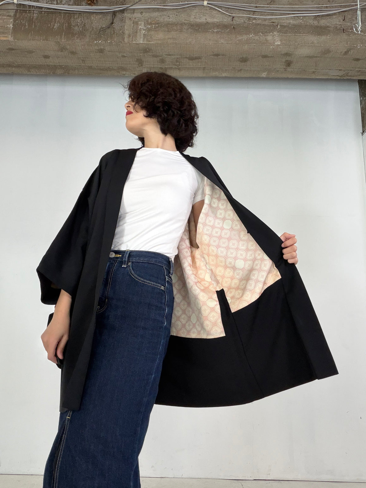 VINTAGE BLACK HAORI  "glitter, BLK205"*damage