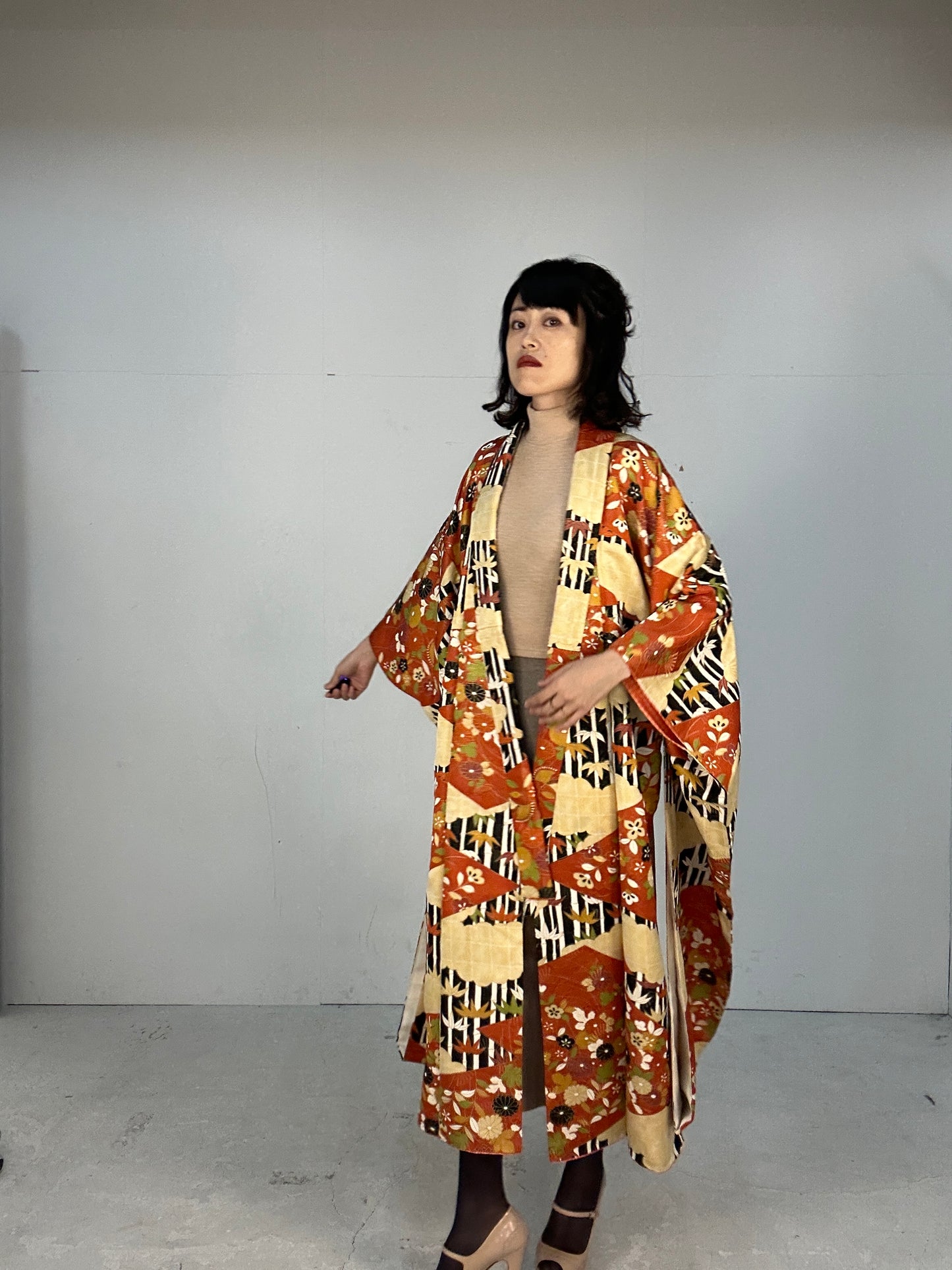 Furisode Kimono dress gown and string belt upcycled from Japanese kimono "furisode kuro"