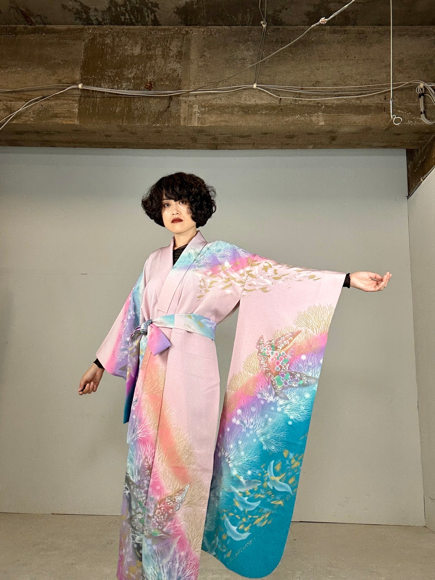 Furisode Kimono dress gown and string belt upcycled from Japanese kimono "sky gradient bird"