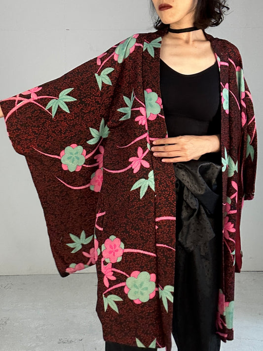 KAWAII HAORI "antique  black pink flower"