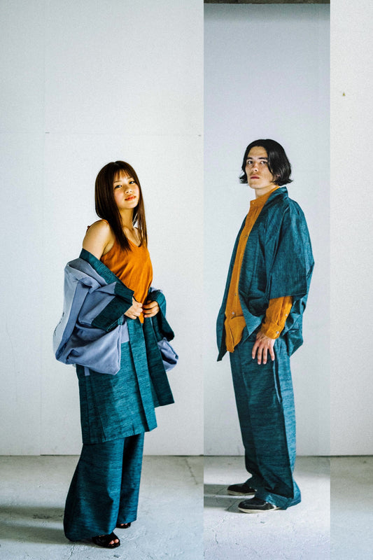 08mixblue Tsumugi HAORI and KIMONO elastic waist pants upcycled from Japanese kimono(Unisex)