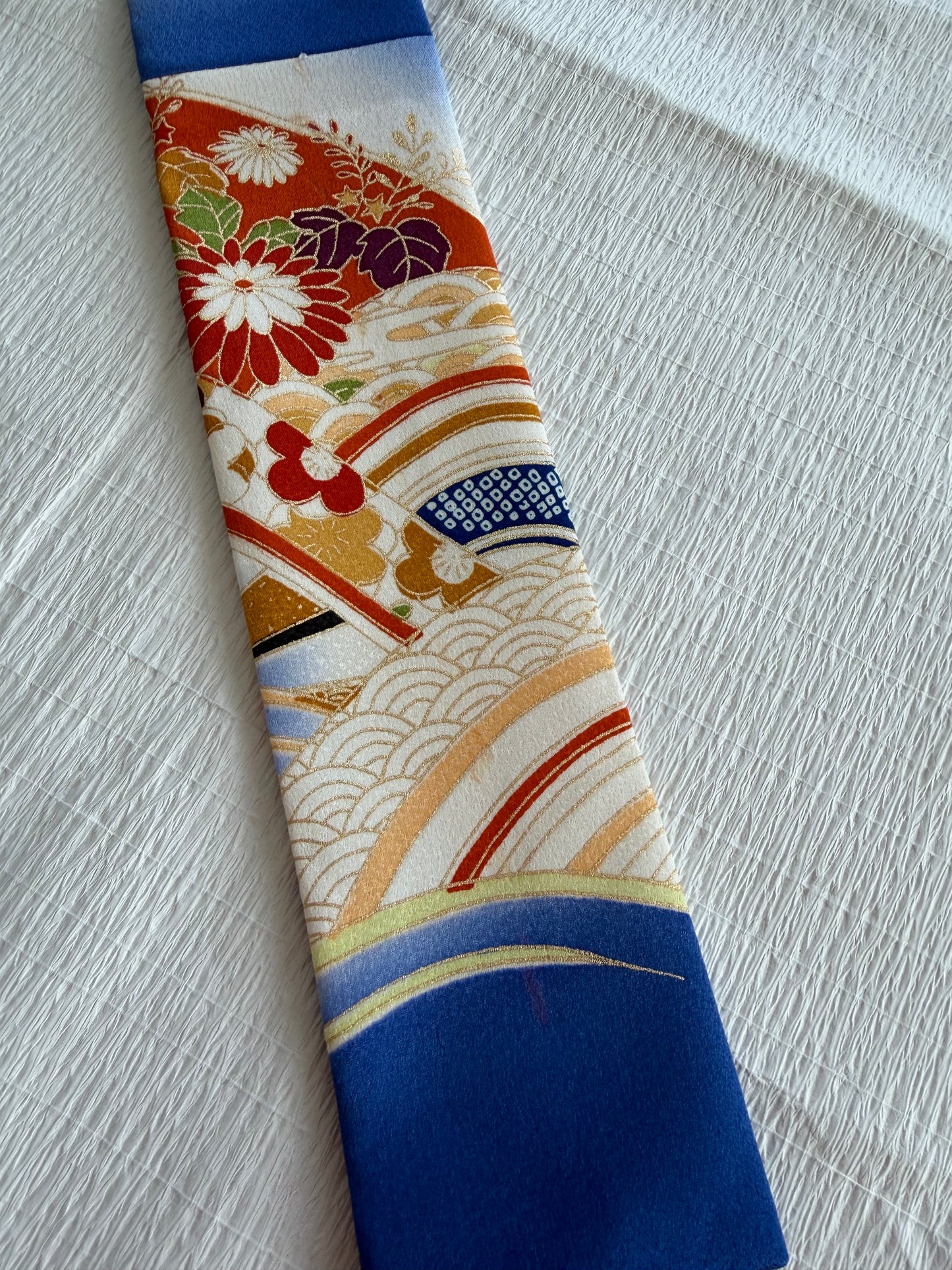 Houmongi Kimono Dress Gown with String Belt – Upcycled from Vintage Japanese Kimono "blue,genjiguruma, DRE033"