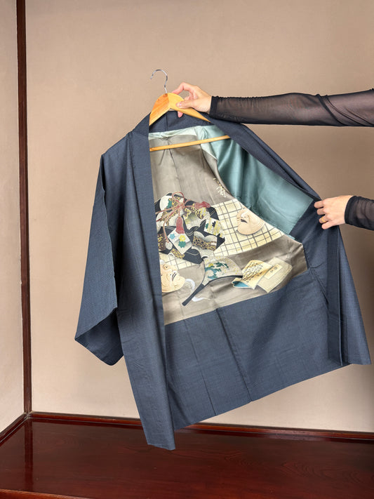 VINTAGE KAWAII HAORI oversized  "oshima, blue, chojyu-waraku, 023"