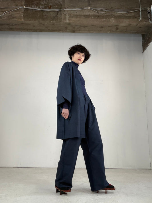 Oshima Tsumugi HAORI  and KIMONO elastic waist pants upcycled from Japanese kimono" ASB008"
