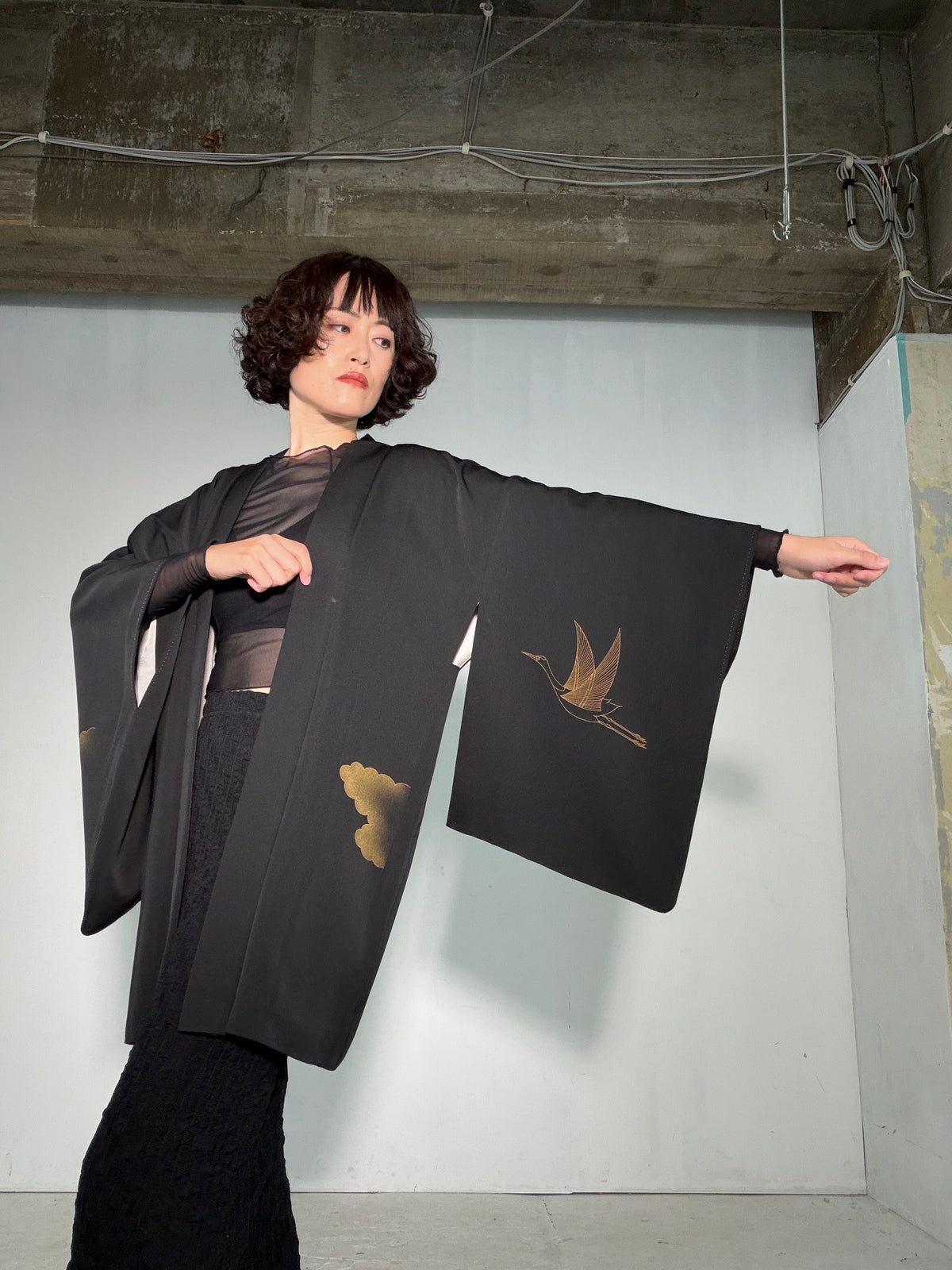 VINTAGE BLACK HAORI  "tsuru, BLK185"