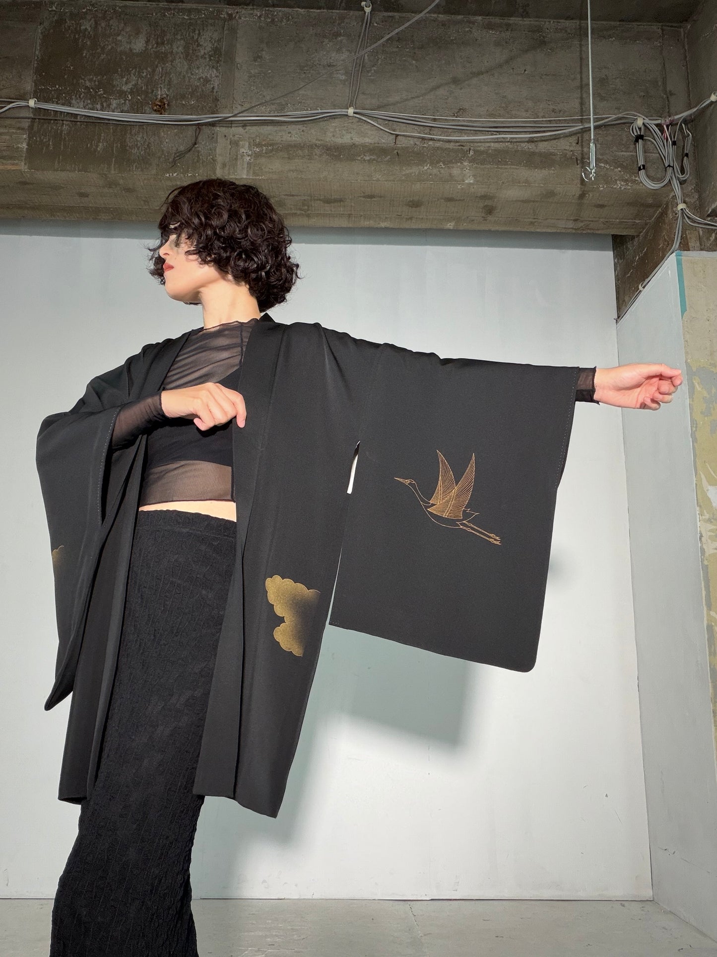 VINTAGE BLACK HAORI  "tsuru, BLK185"