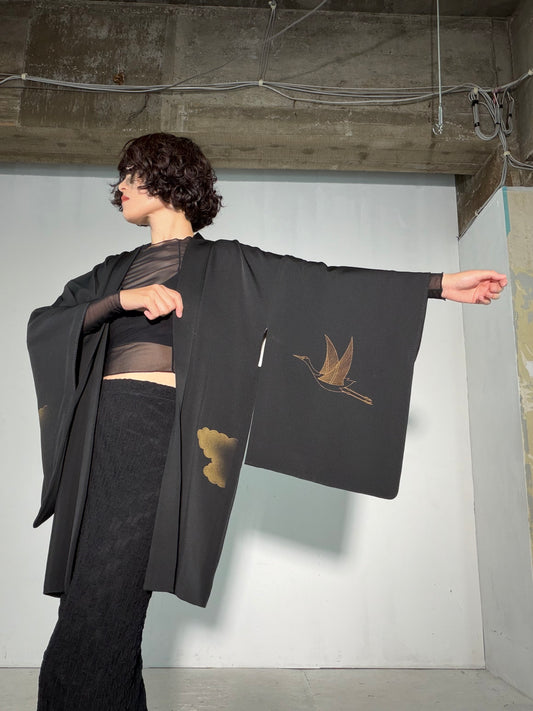 VINTAGE BLACK HAORI  "tsuru, BLK185"