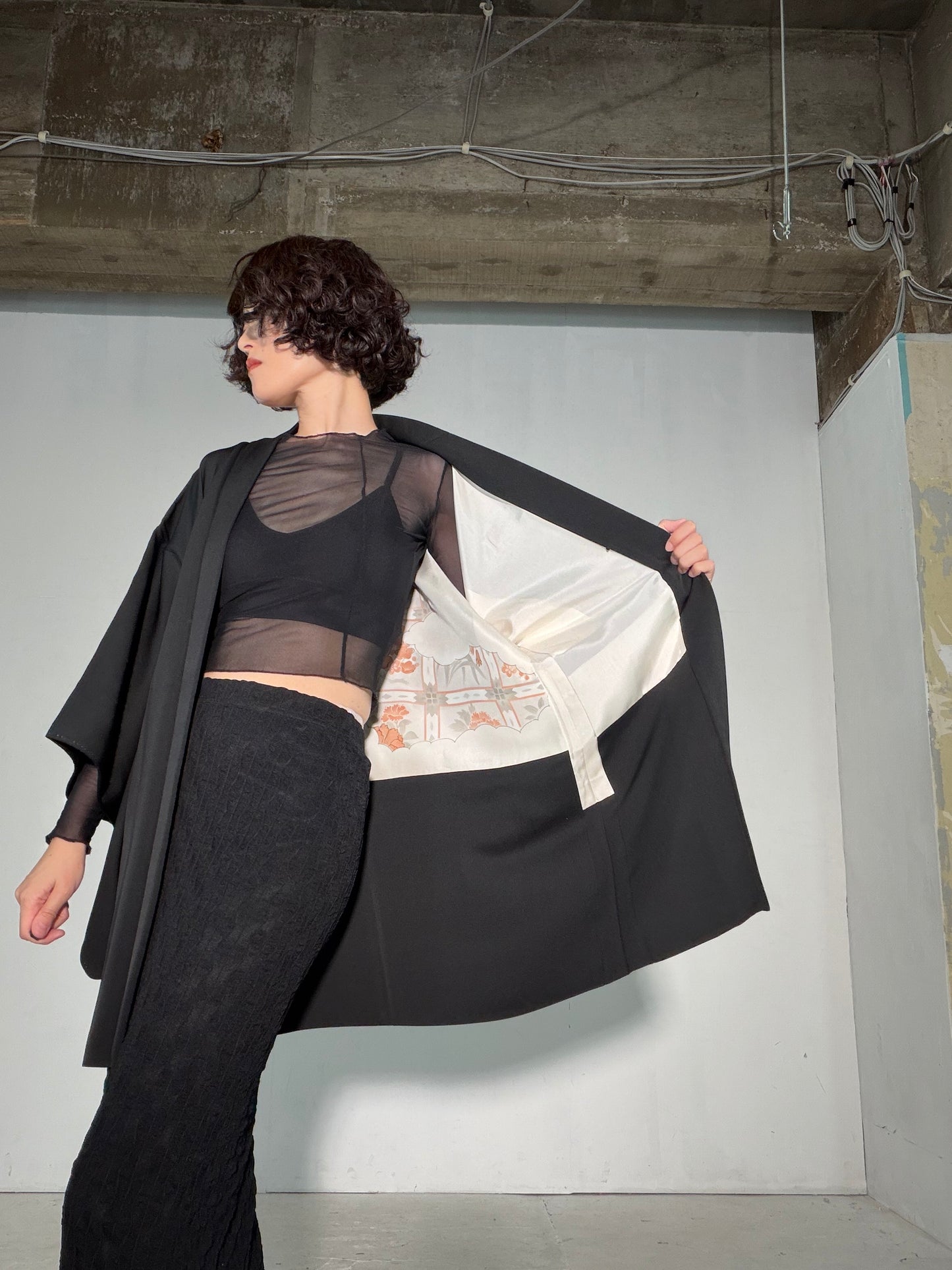 VINTAGE BLACK HAORI  "tsuru, BLK185"