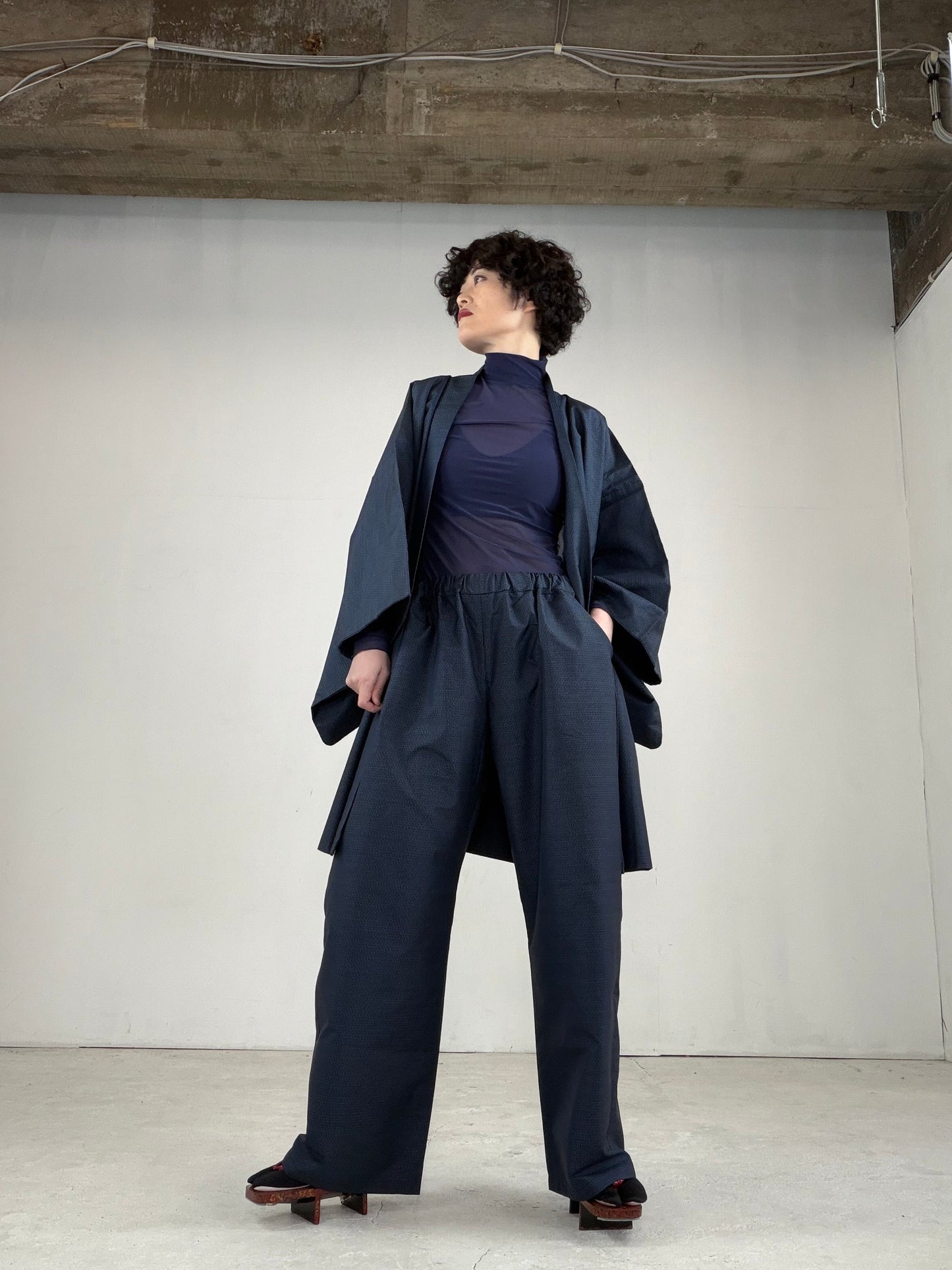 Oshima Tsumugi HAORI  and KIMONO elastic waist pants upcycled from Japanese kimono" ASB008"