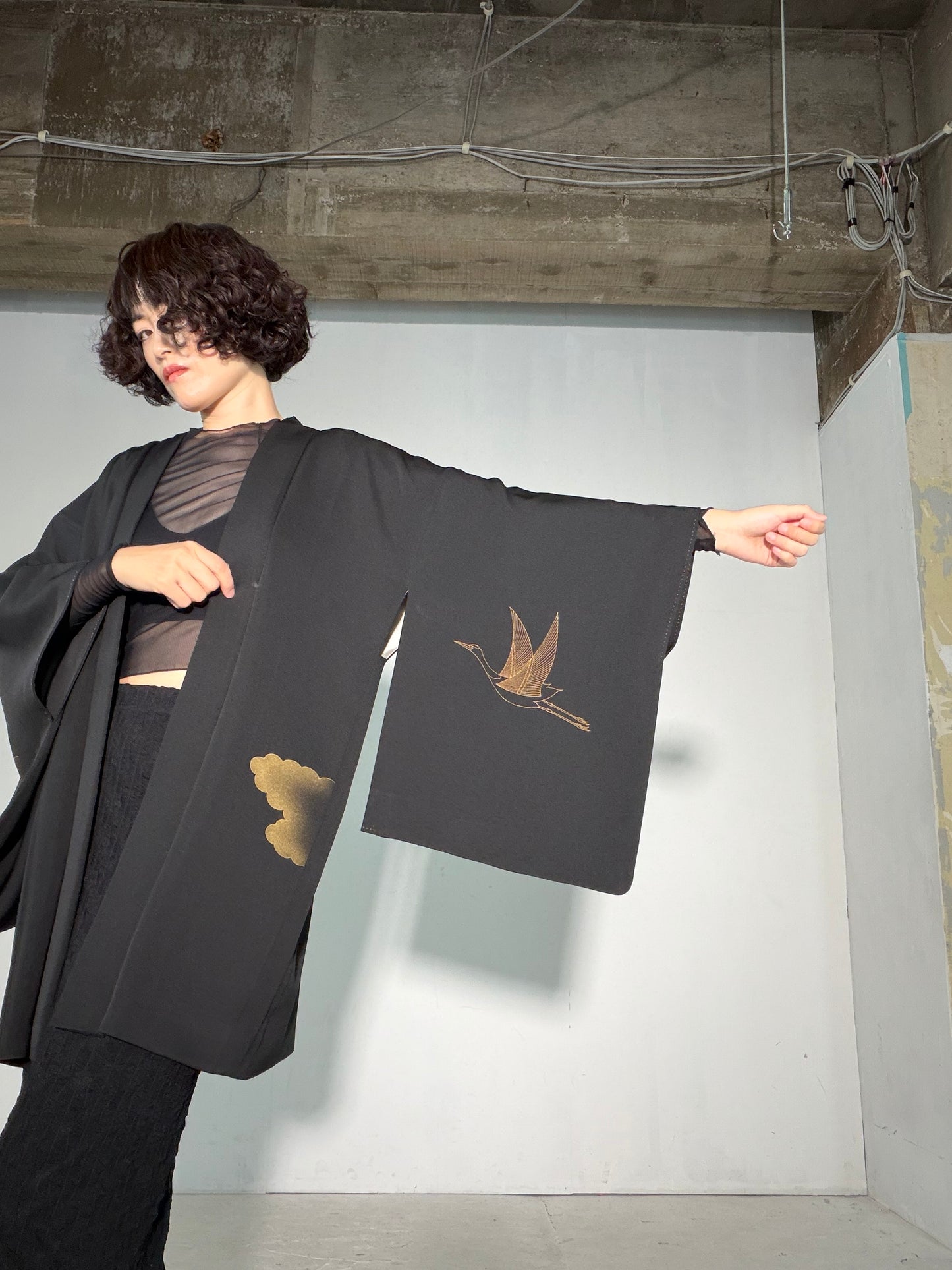 VINTAGE BLACK HAORI  "tsuru, BLK185"