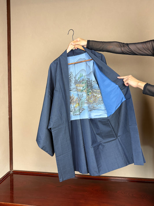 VINTAGE KAWAII HAORI oversized  "oshima, blue, teien, 019"