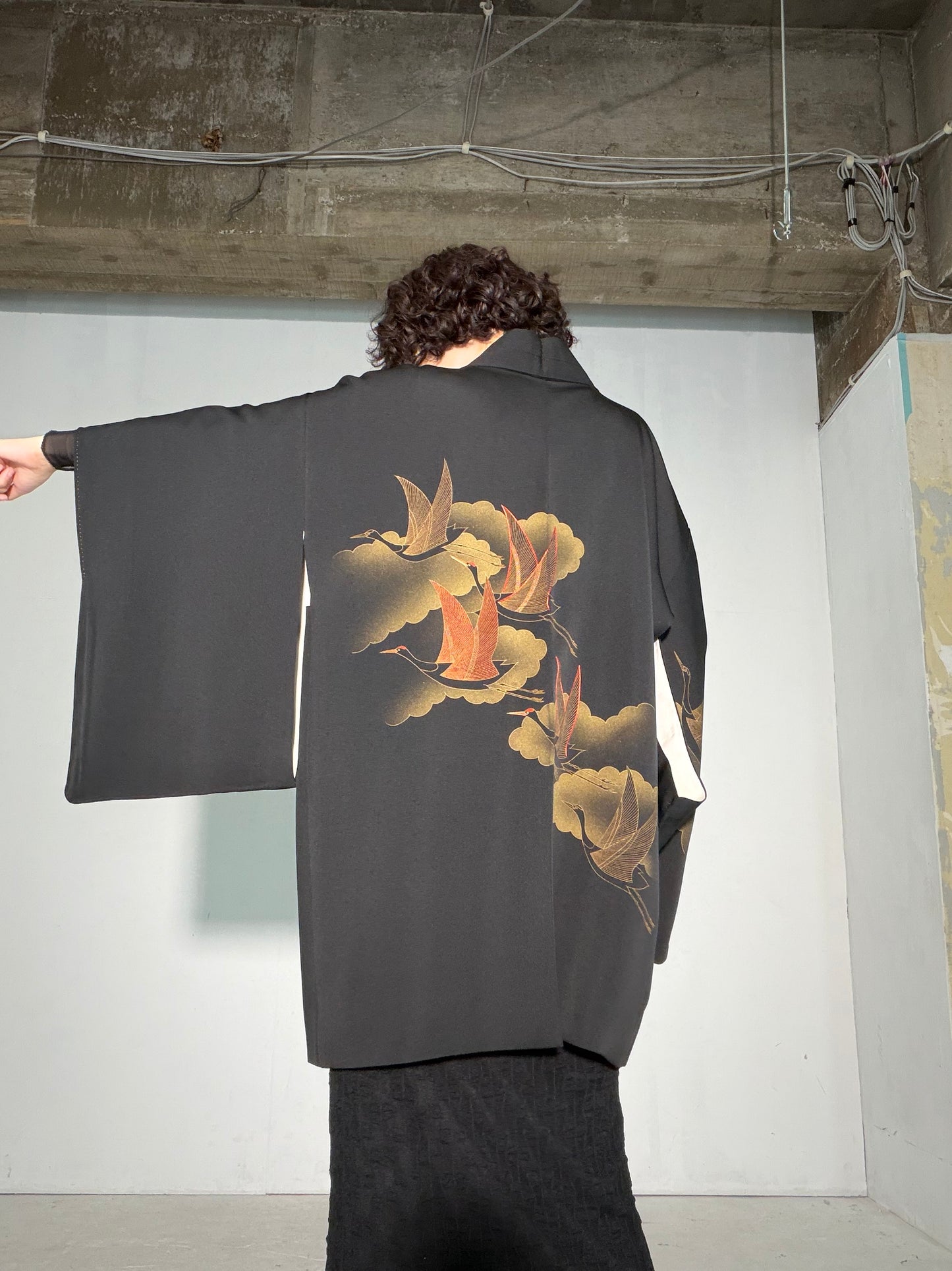 VINTAGE BLACK HAORI  "tsuru, BLK185"