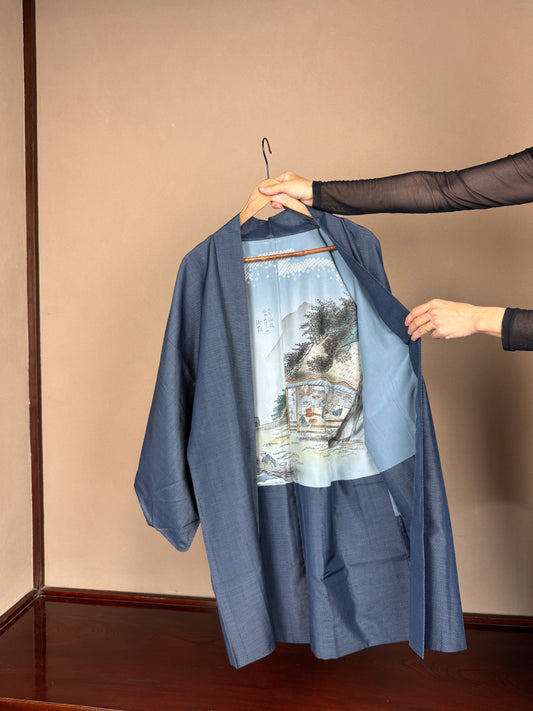 VINTAGE KAWAII HAORI oversized  "oshima, blue, shibori,  kisokaido, 018"*Partially Hidden Back Painting