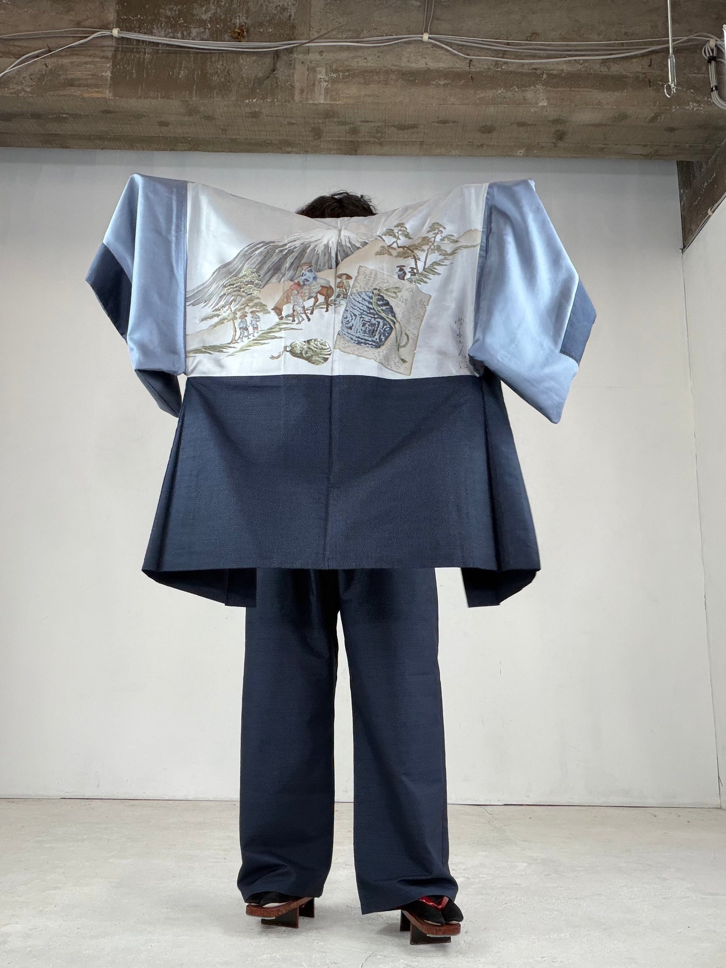 Oshima Tsumugi HAORI  and KIMONO elastic waist pants upcycled from Japanese kimono" ASB008"