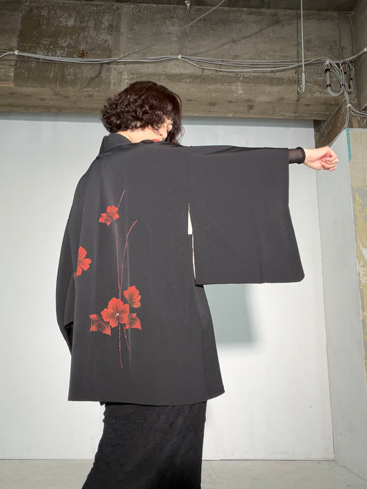VINTAGE BLACK HAORI  "glitter, flower , BLK186"