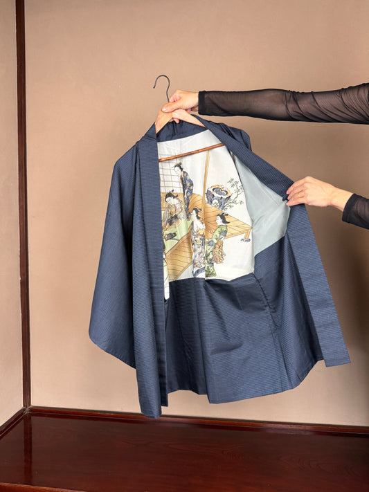 VINTAGE KAWAII HAORI oversized  "oshima, blue, jyoseitachi, 016" *damage