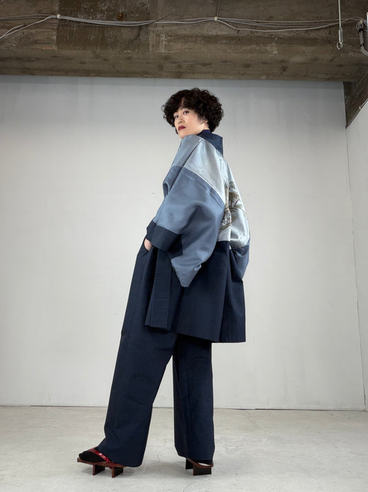 Oshima Tsumugi HAORI  and KIMONO elastic waist pants upcycled from Japanese kimono" ASB008"
