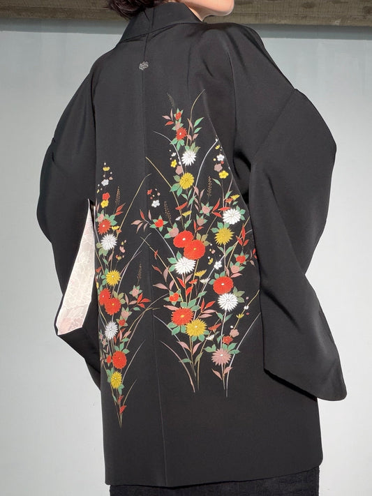 VINTAGE BLACK HAORI  "flower, BLK187"