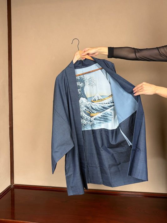 VINTAGE KAWAII HAORI oversized  "oshima, blue, kanagawaokinamiura, 014" *damage *Partially Hidden Back Painting