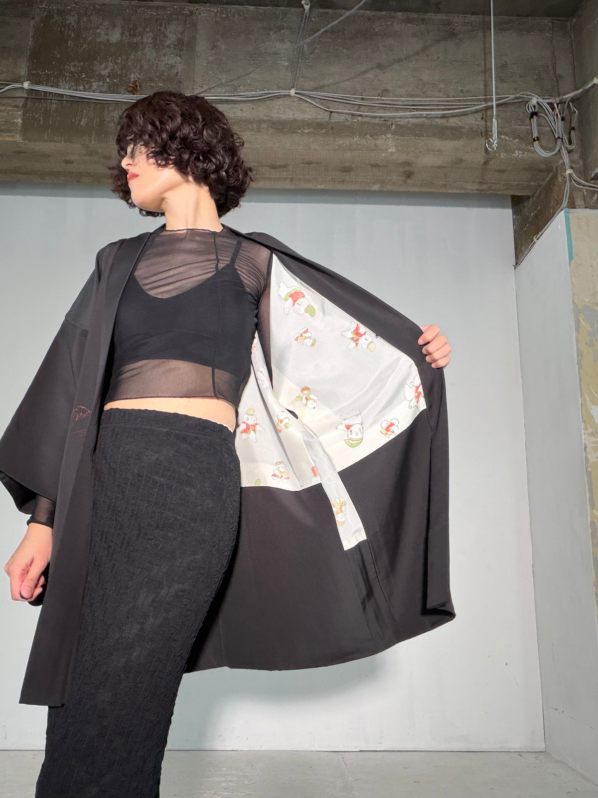 VINTAGE BLACK HAORI  "inside-chigo, BLK188"
