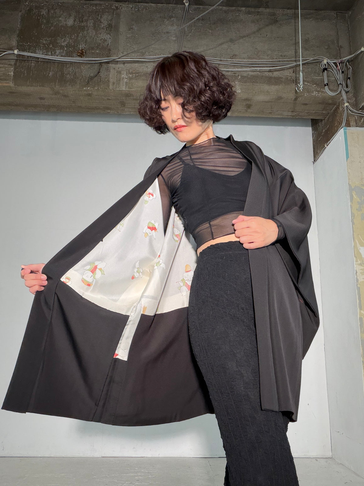 VINTAGE BLACK HAORI  "inside-chigo, BLK188"