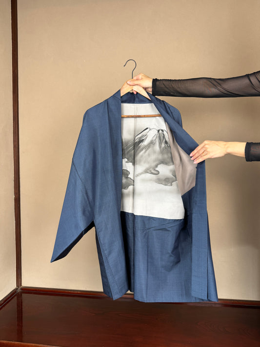 VINTAGE KAWAII HAORI oversized  "oshima, blue, fuji,  dragon 013"