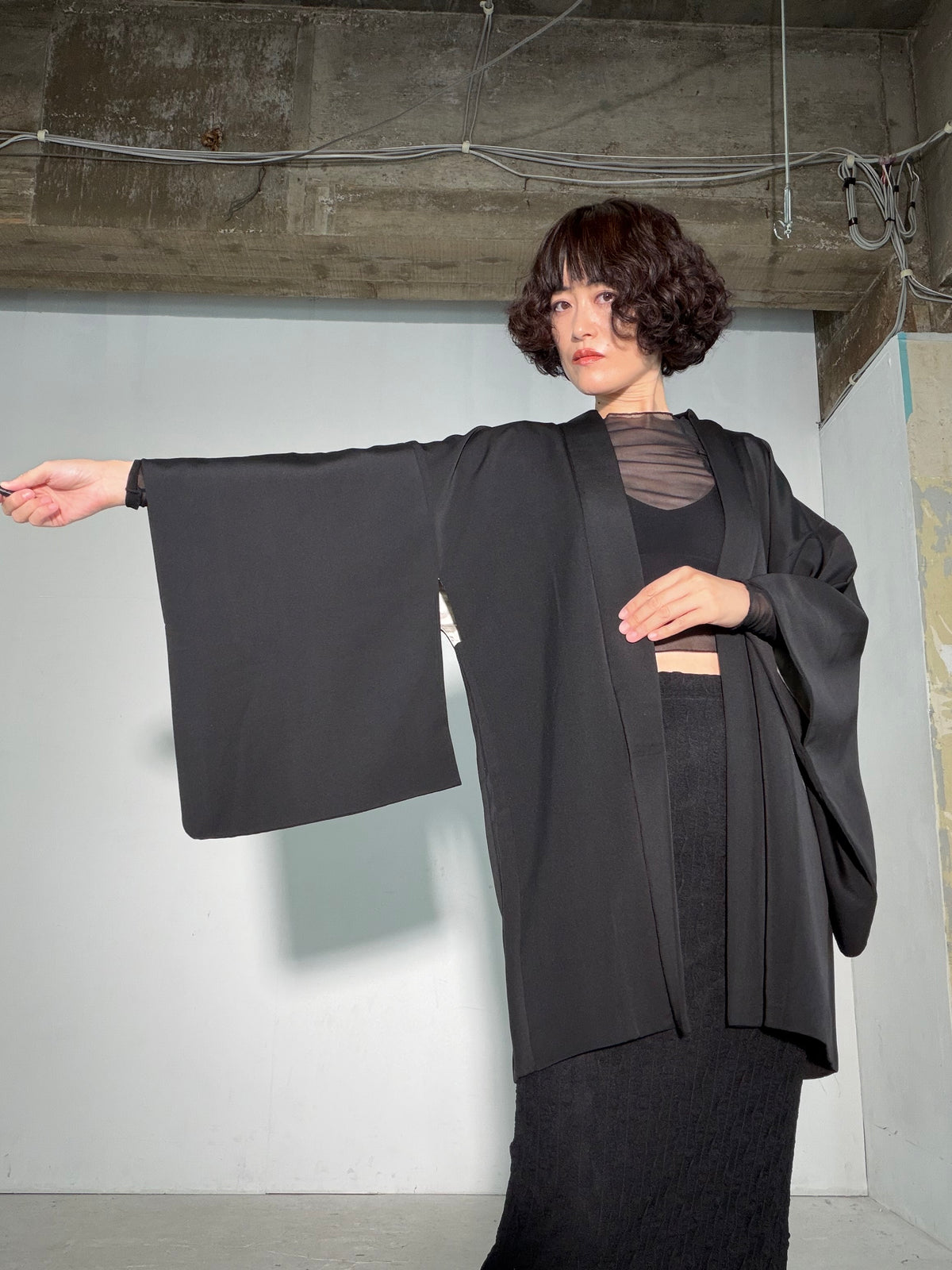 VINTAGE BLACK HAORI  "inside-traditional, turu, BLK191"