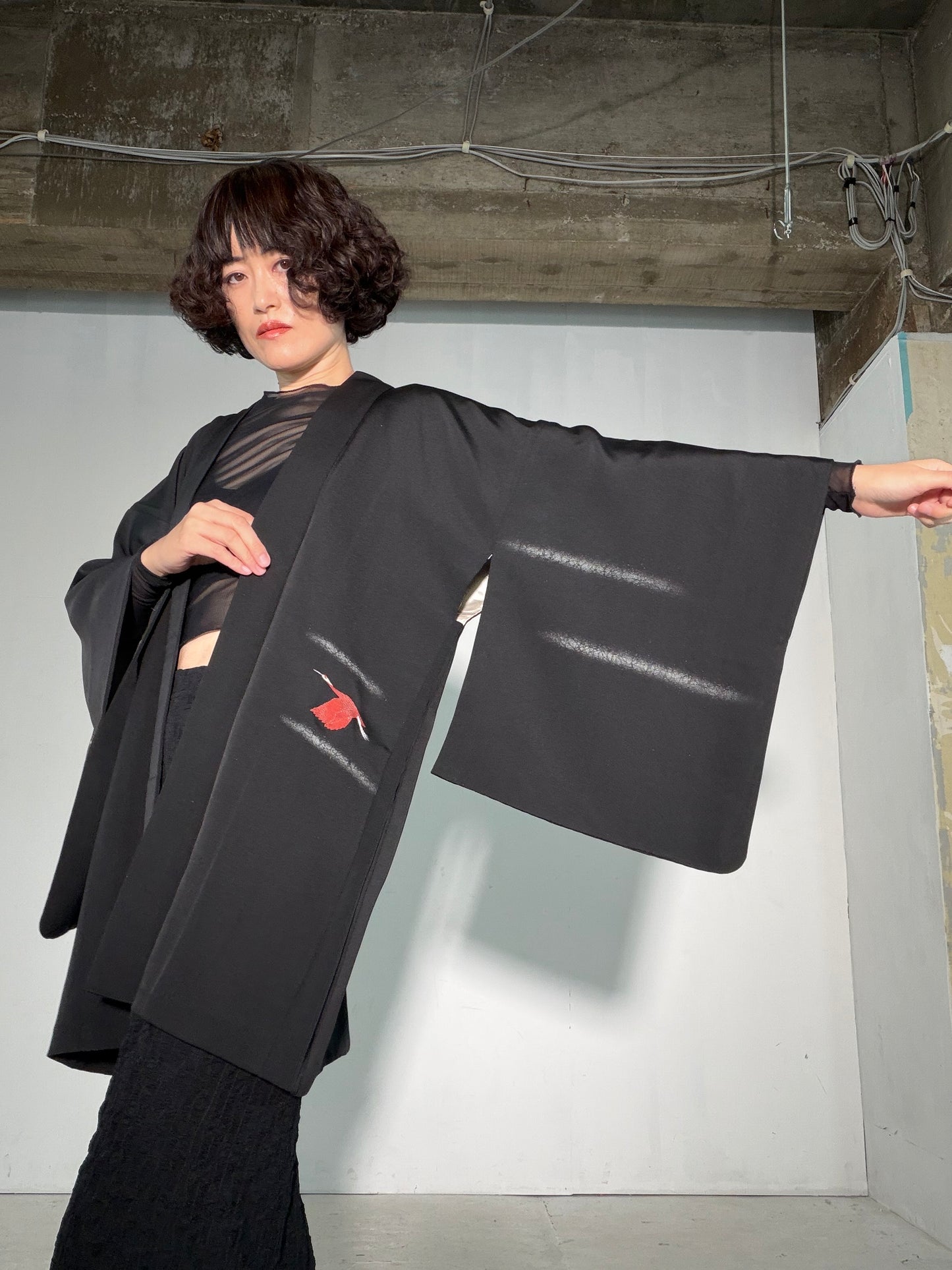 VINTAGE BLACK HAORI  "inside-traditional, turu, BLK191"