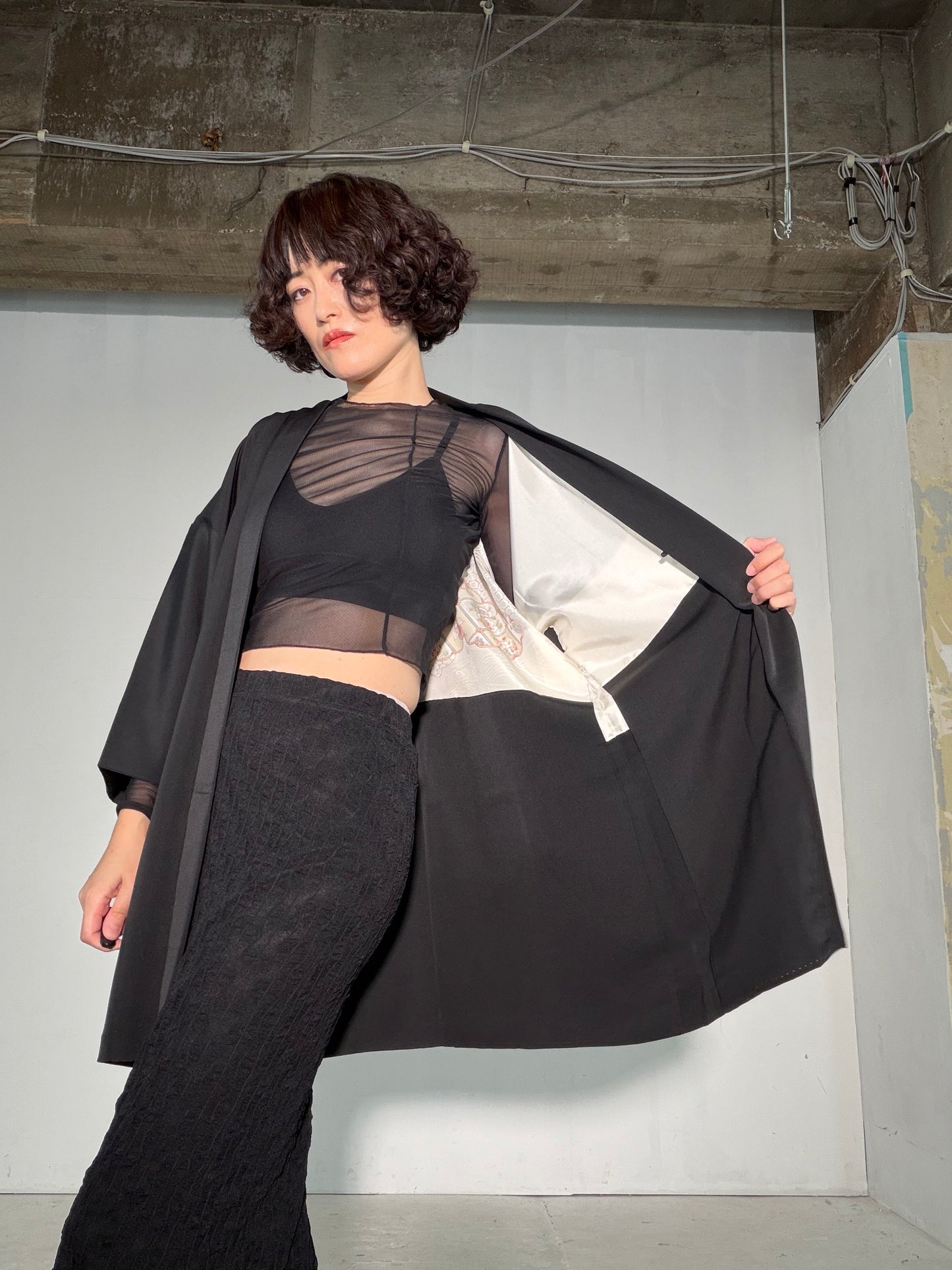 VINTAGE BLACK HAORI  "inside-traditional, turu, BLK191"