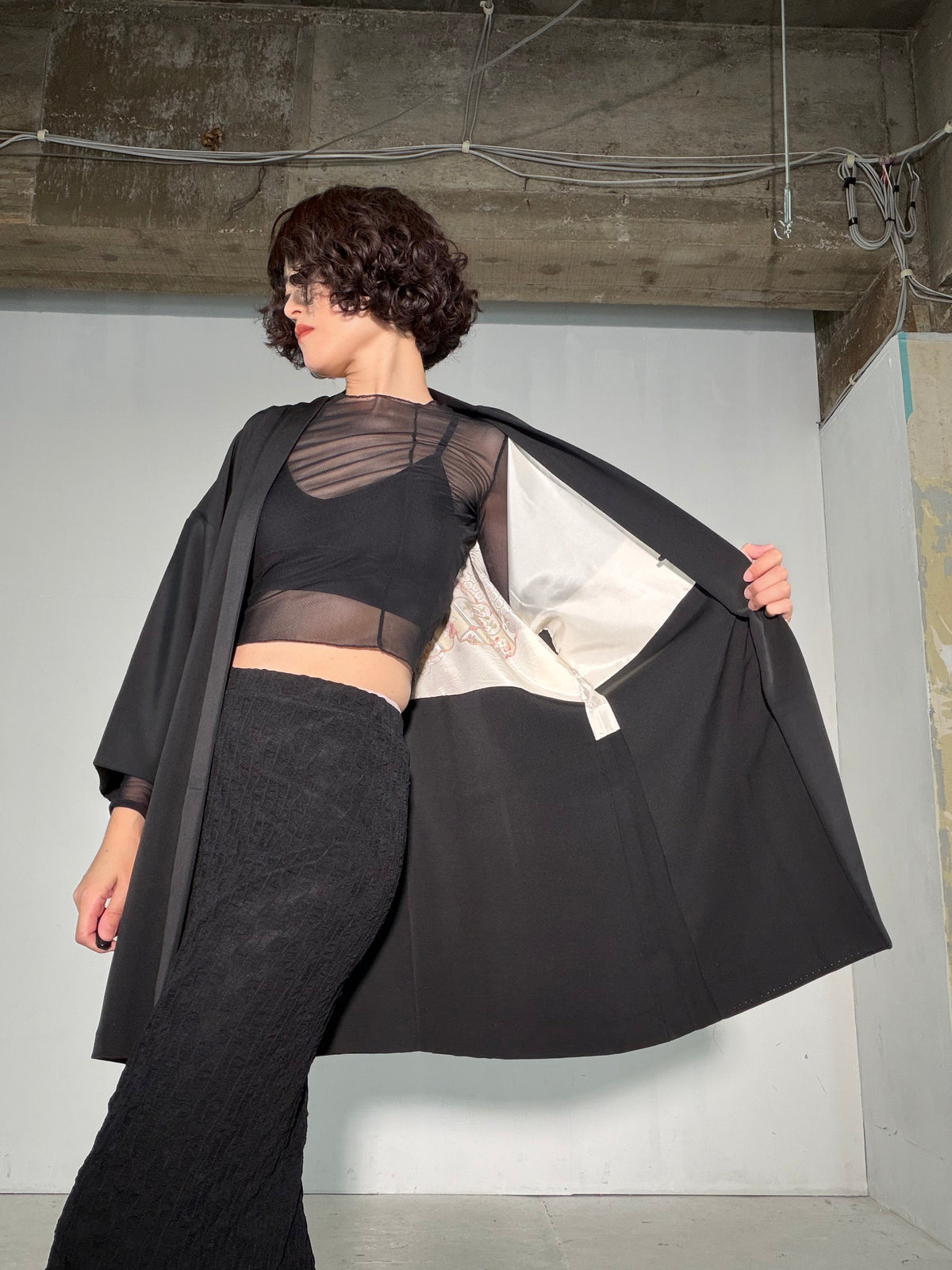 VINTAGE BLACK HAORI  "inside-traditional, turu, BLK191"