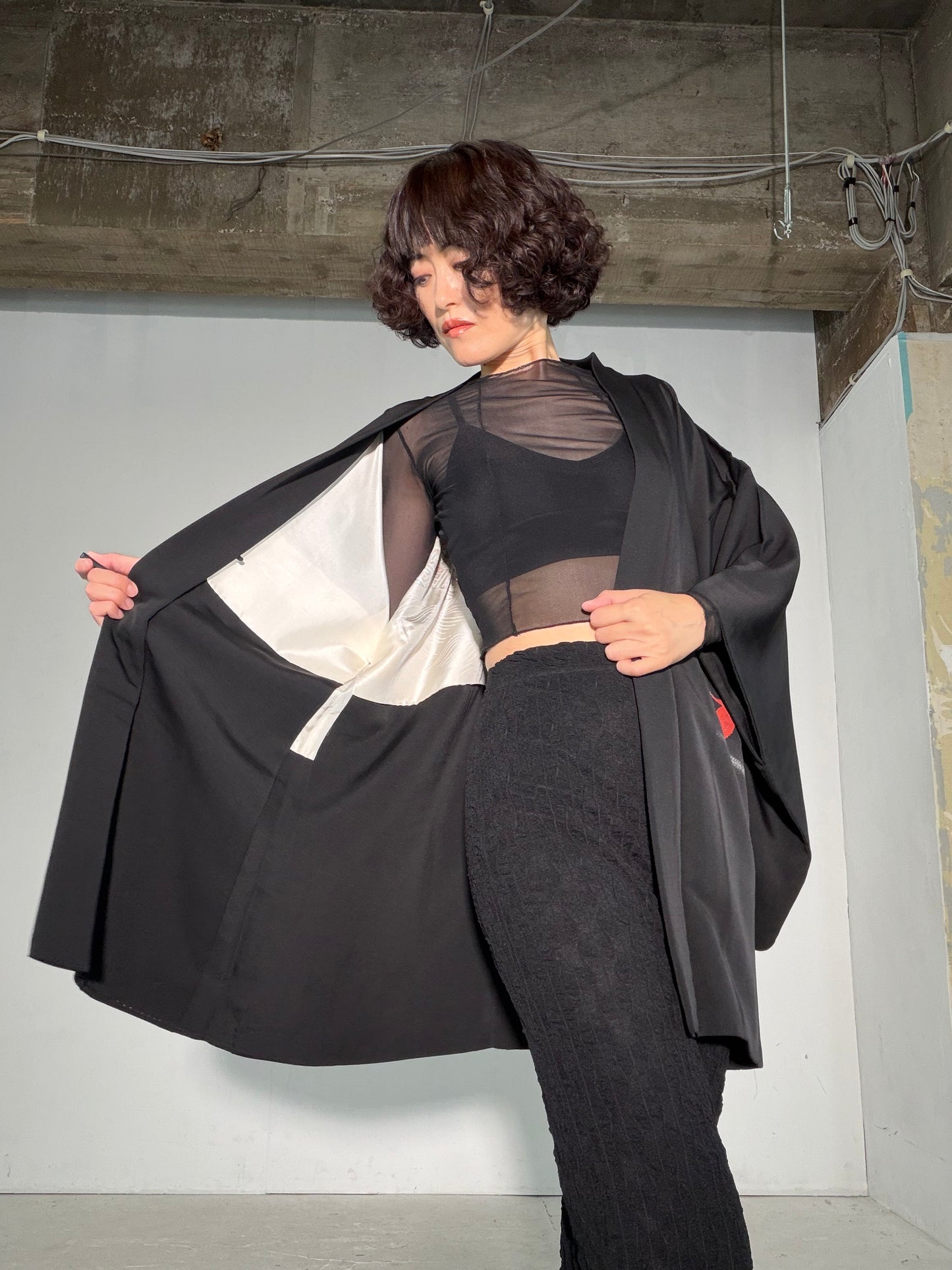 VINTAGE BLACK HAORI  "inside-traditional, turu, BLK191"