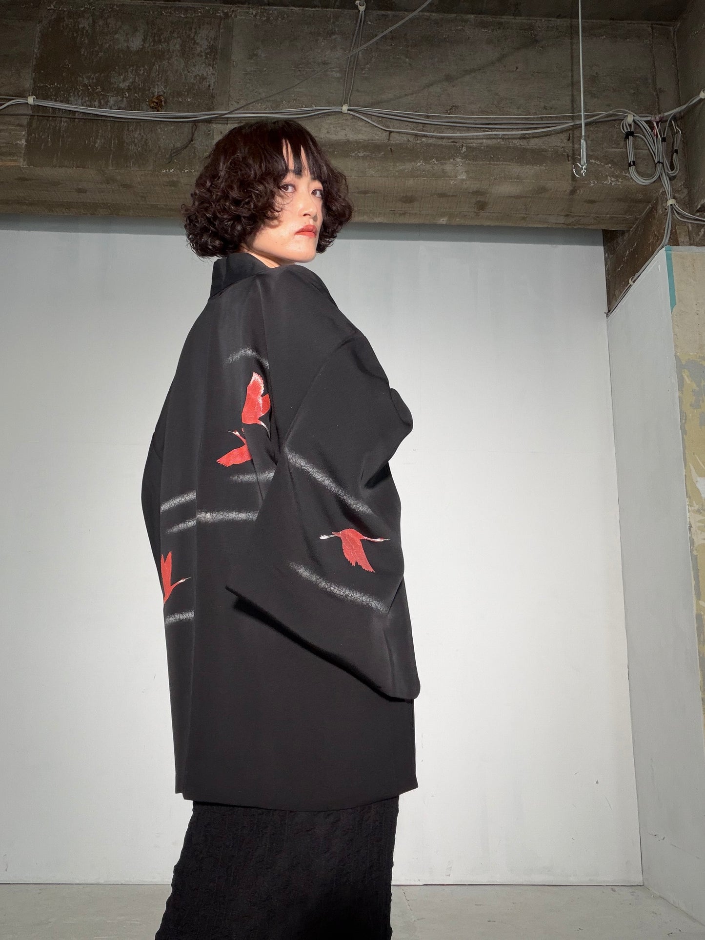 VINTAGE BLACK HAORI  "inside-traditional, turu, BLK191"