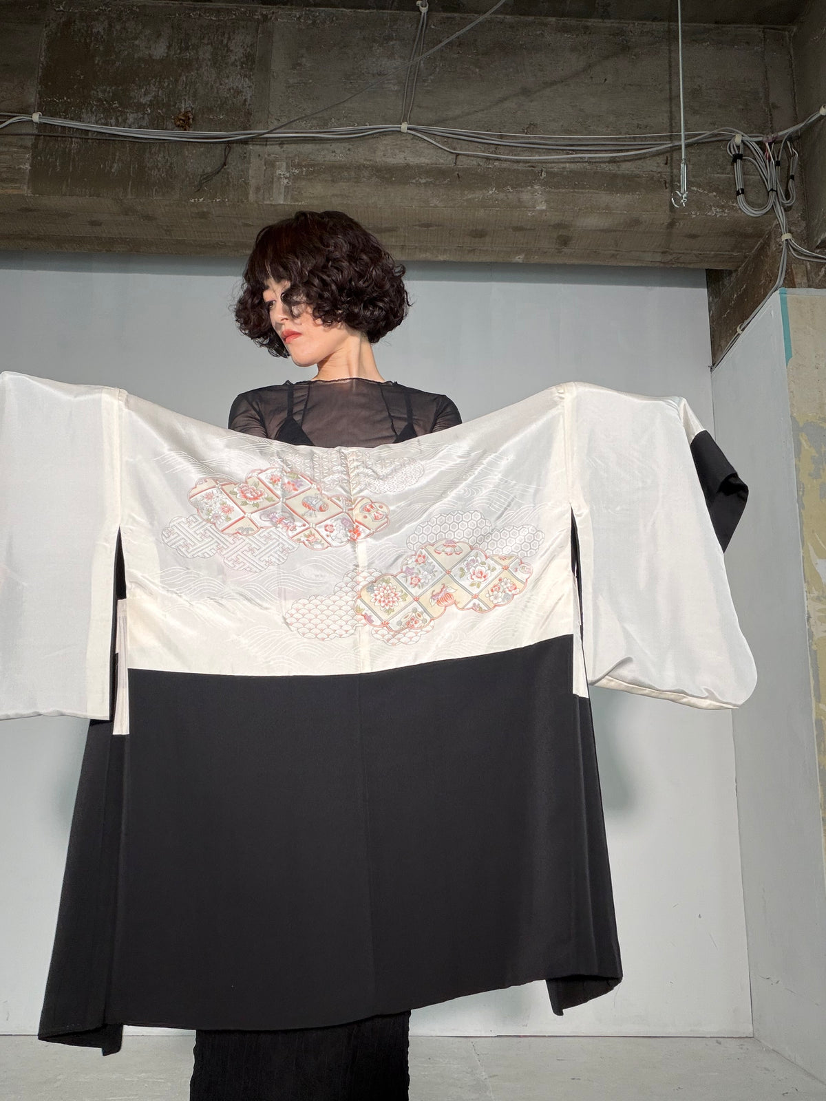 VINTAGE BLACK HAORI  "inside-traditional, turu, BLK191"