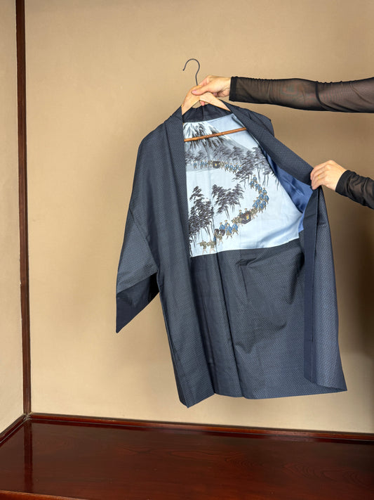VINTAGE KAWAII HAORI oversized  "oshima, blue, daimyo-gyoretsu , 004"