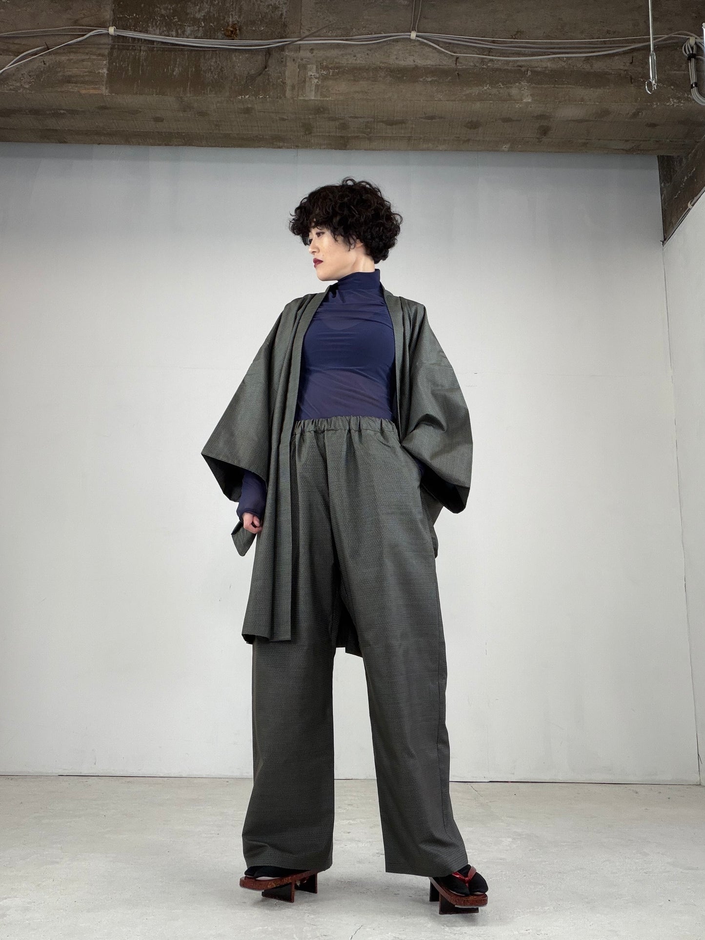 Oshima Tsumugi HAORI  and KIMONO elastic waist pants upcycled from Japanese kimono" ASB007"