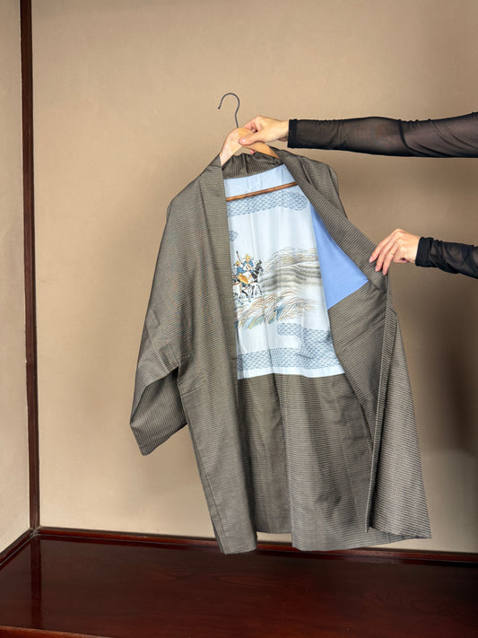 VINTAGE KAWAII HAORI oversized  "oshima, brown, kari , 003"