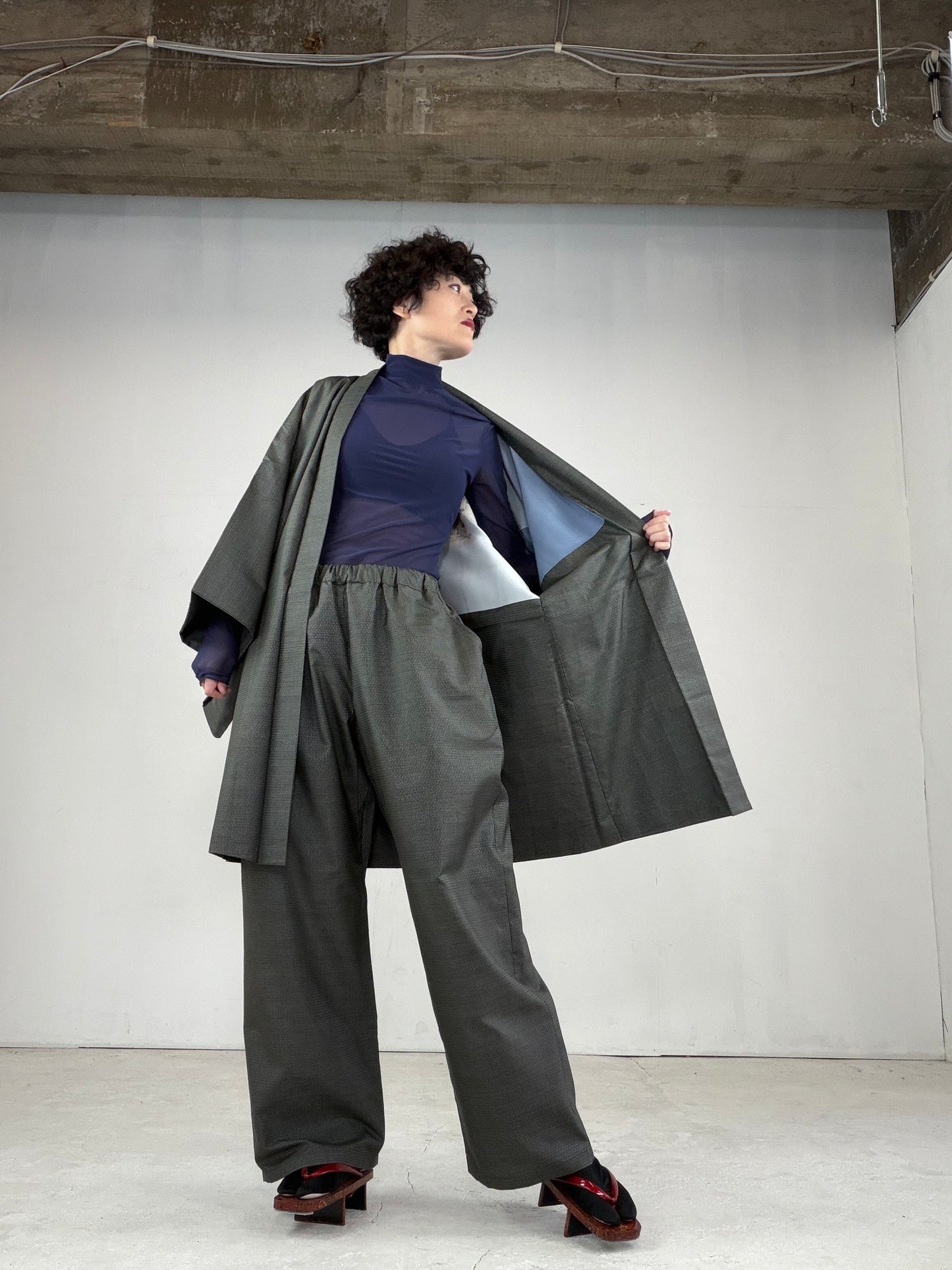 Oshima Tsumugi HAORI  and KIMONO elastic waist pants upcycled from Japanese kimono" ASB007"