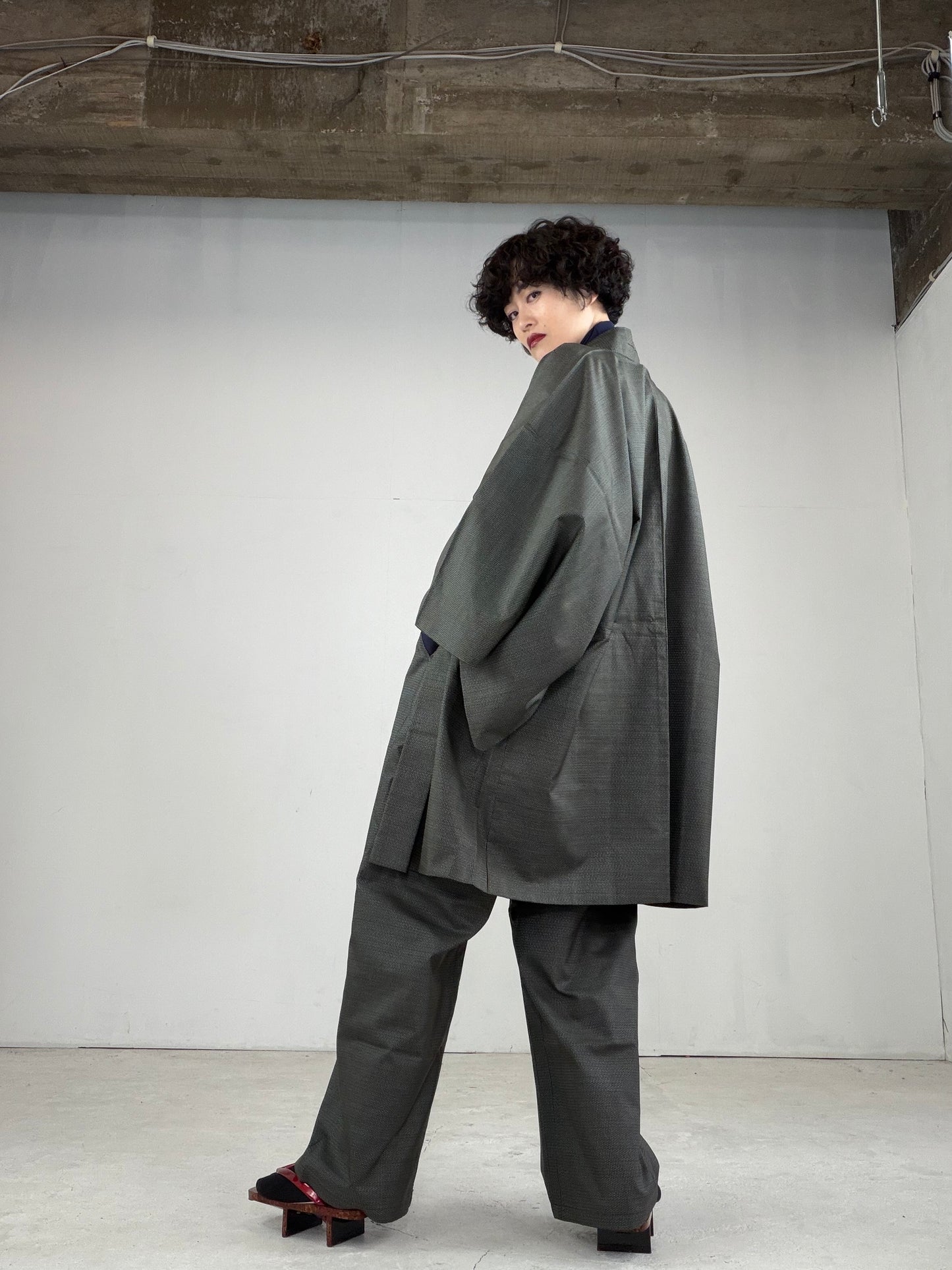 Oshima Tsumugi HAORI  and KIMONO elastic waist pants upcycled from Japanese kimono" ASB007"