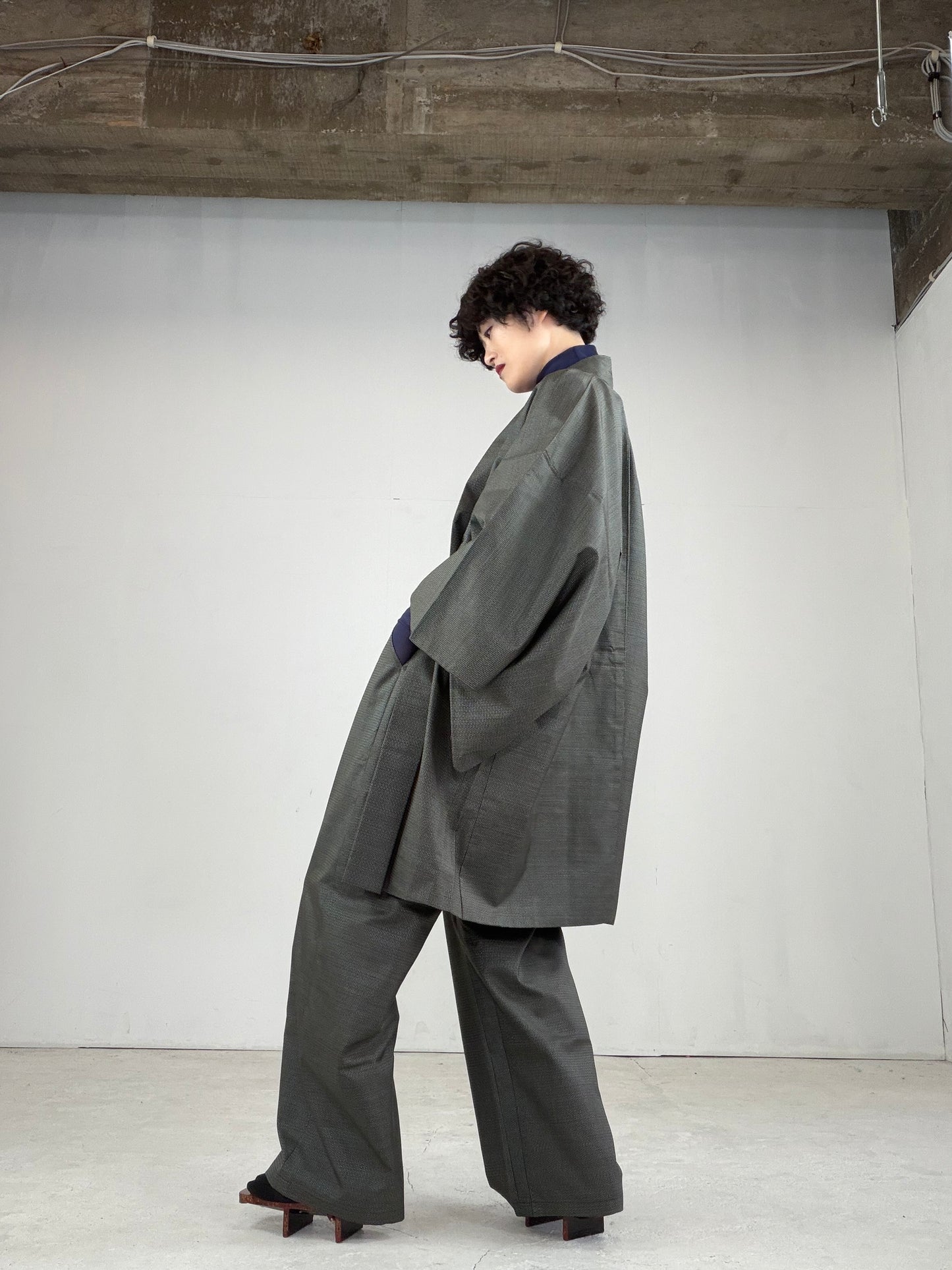 Oshima Tsumugi HAORI  and KIMONO elastic waist pants upcycled from Japanese kimono" ASB007"