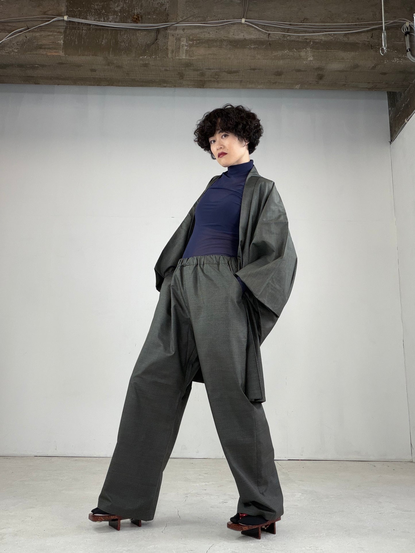Oshima Tsumugi HAORI  and KIMONO elastic waist pants upcycled from Japanese kimono" ASB007"