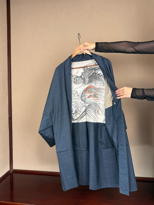 VINTAGE KAWAII HAORI oversized  "oshima, blue, cute dragon , 002"