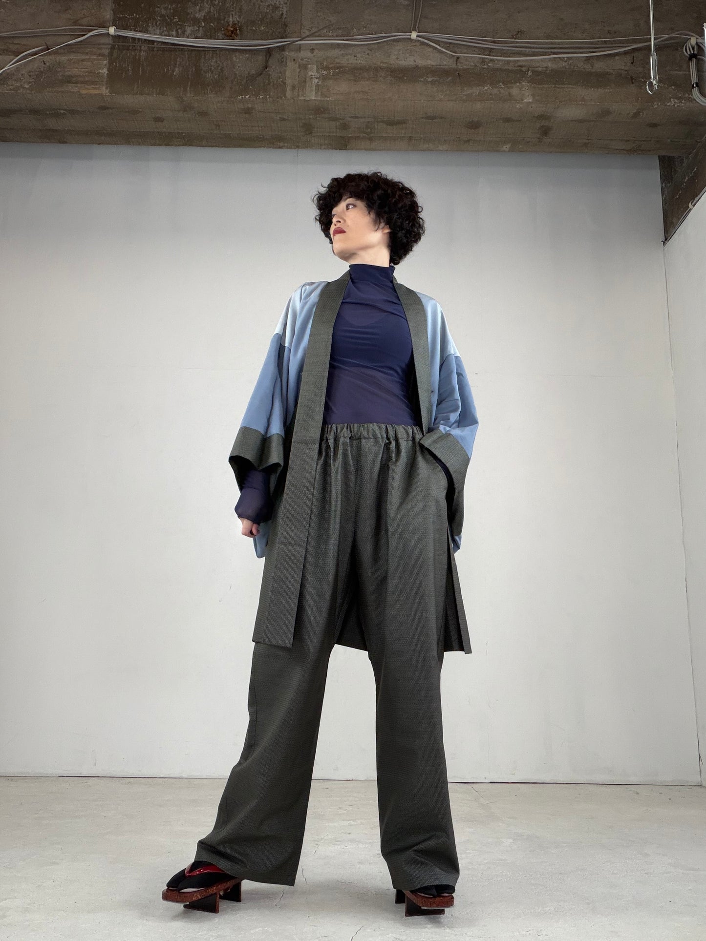 Oshima Tsumugi HAORI  and KIMONO elastic waist pants upcycled from Japanese kimono" ASB007"