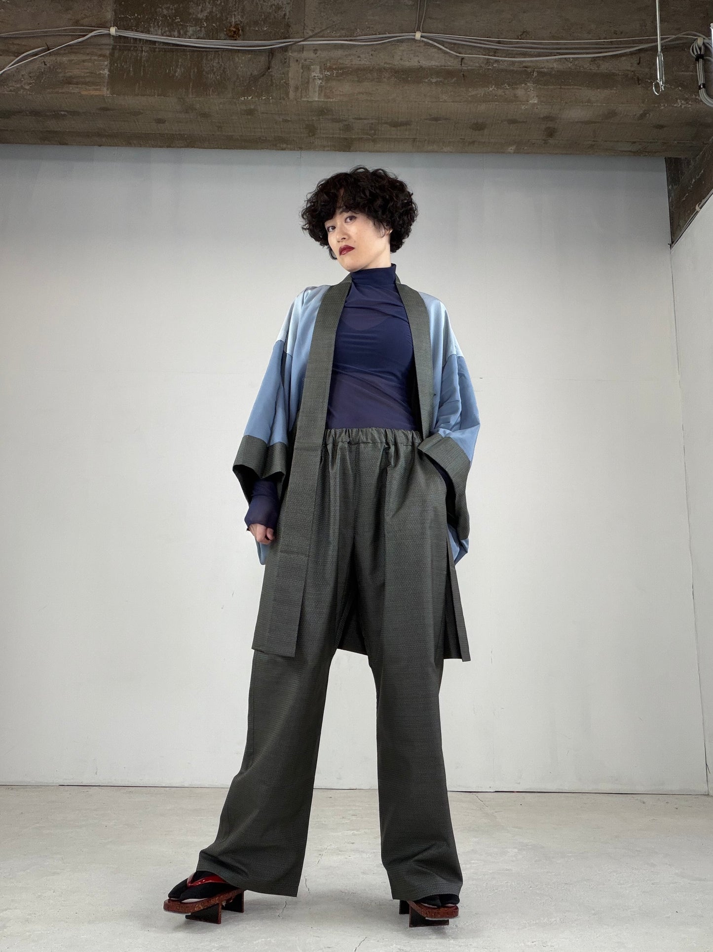Oshima Tsumugi HAORI  and KIMONO elastic waist pants upcycled from Japanese kimono" ASB007"