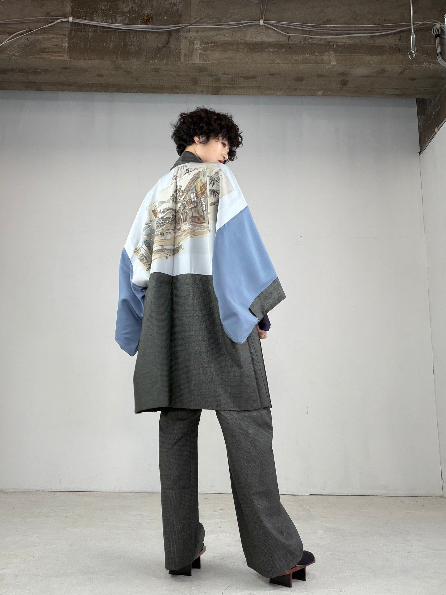 Oshima Tsumugi HAORI  and KIMONO elastic waist pants upcycled from Japanese kimono" ASB007"