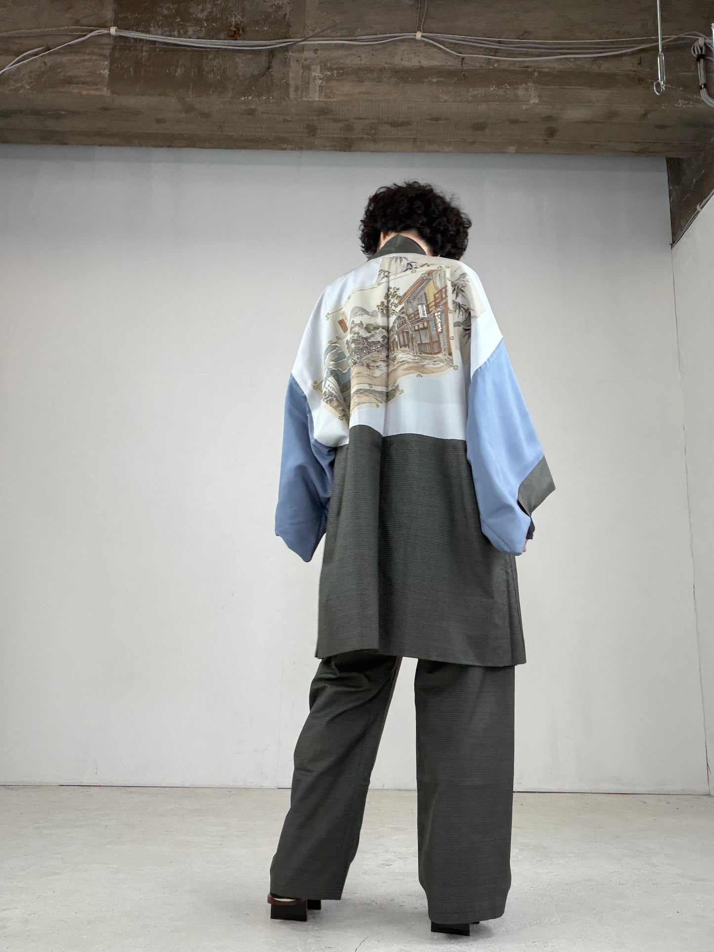 Oshima Tsumugi HAORI  and KIMONO elastic waist pants upcycled from Japanese kimono" ASB007"