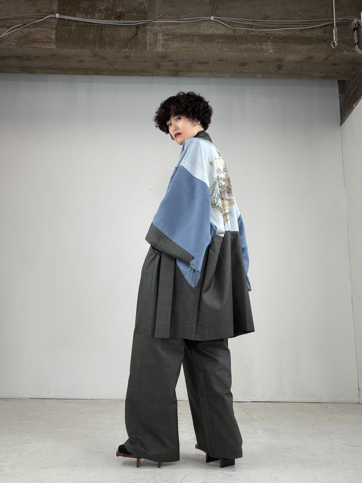 Oshima Tsumugi HAORI  and KIMONO elastic waist pants upcycled from Japanese kimono" ASB007"