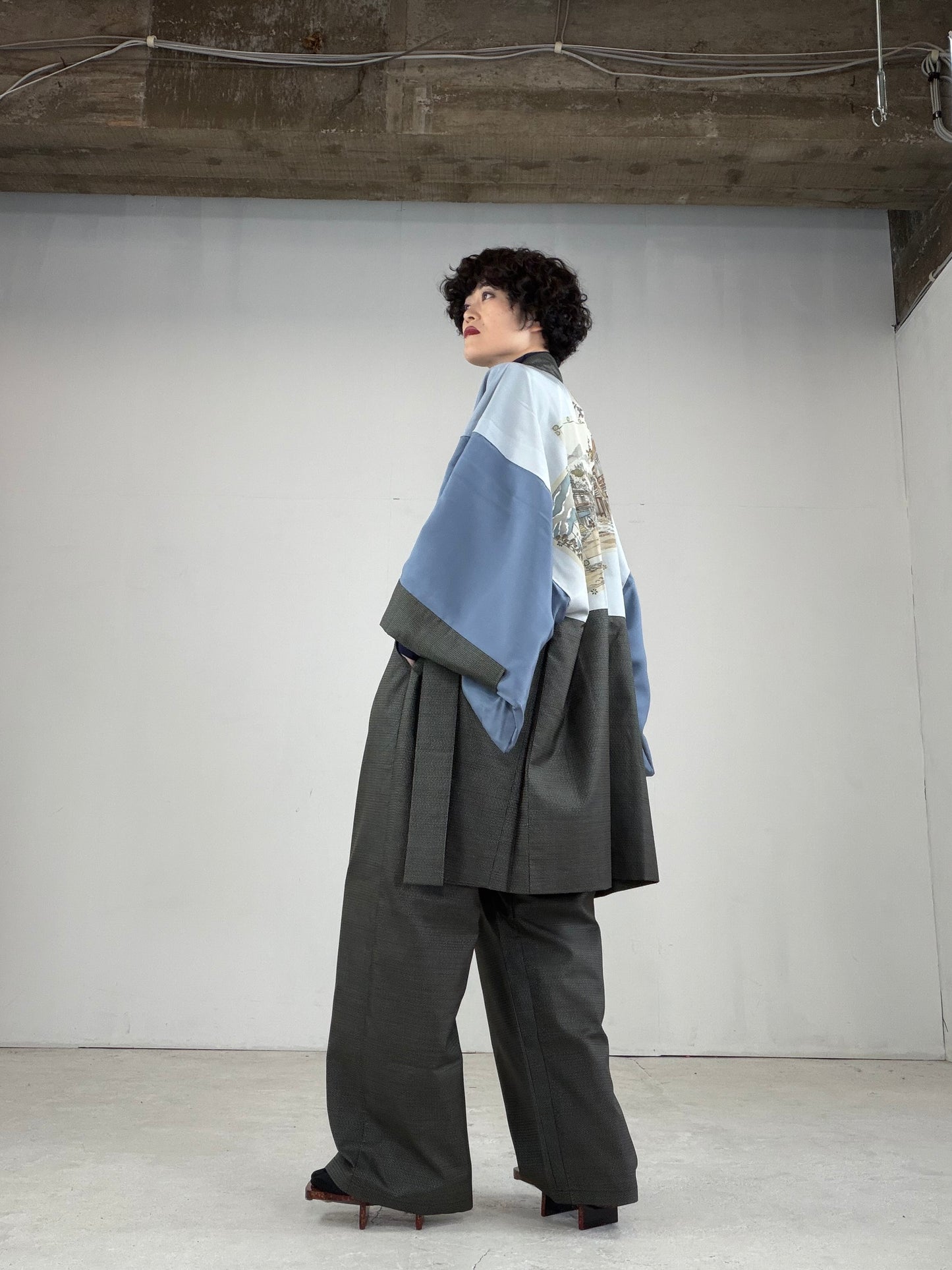 Oshima Tsumugi HAORI  and KIMONO elastic waist pants upcycled from Japanese kimono" ASB007"