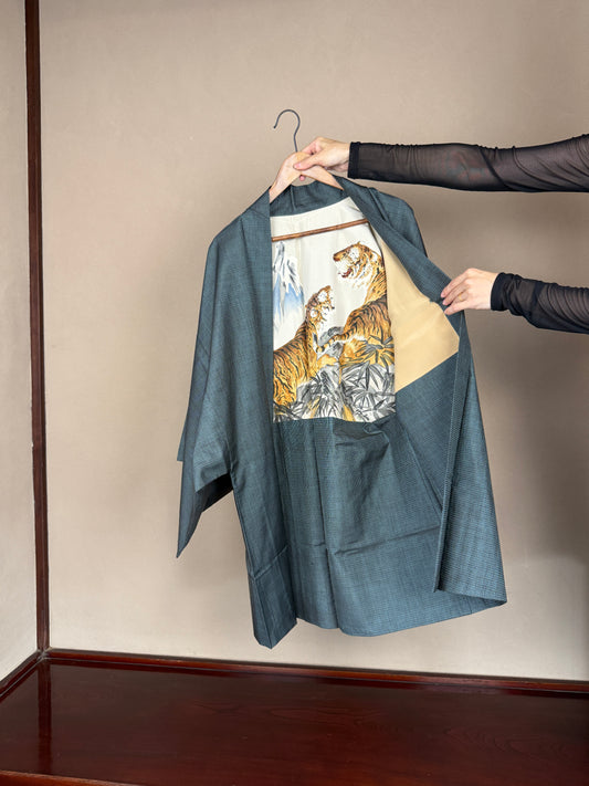 VINTAGE KAWAII HAORI oversized  "oshima, bluegreen, pair, tiger, 032"