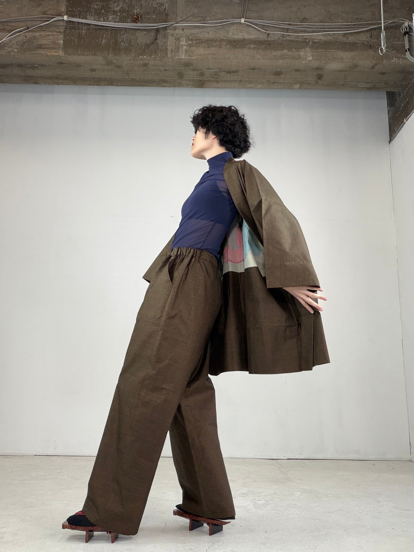 Oshima Tsumugi HAORI  and KIMONO elastic waist pants upcycled from Japanese kimono" ASB006"