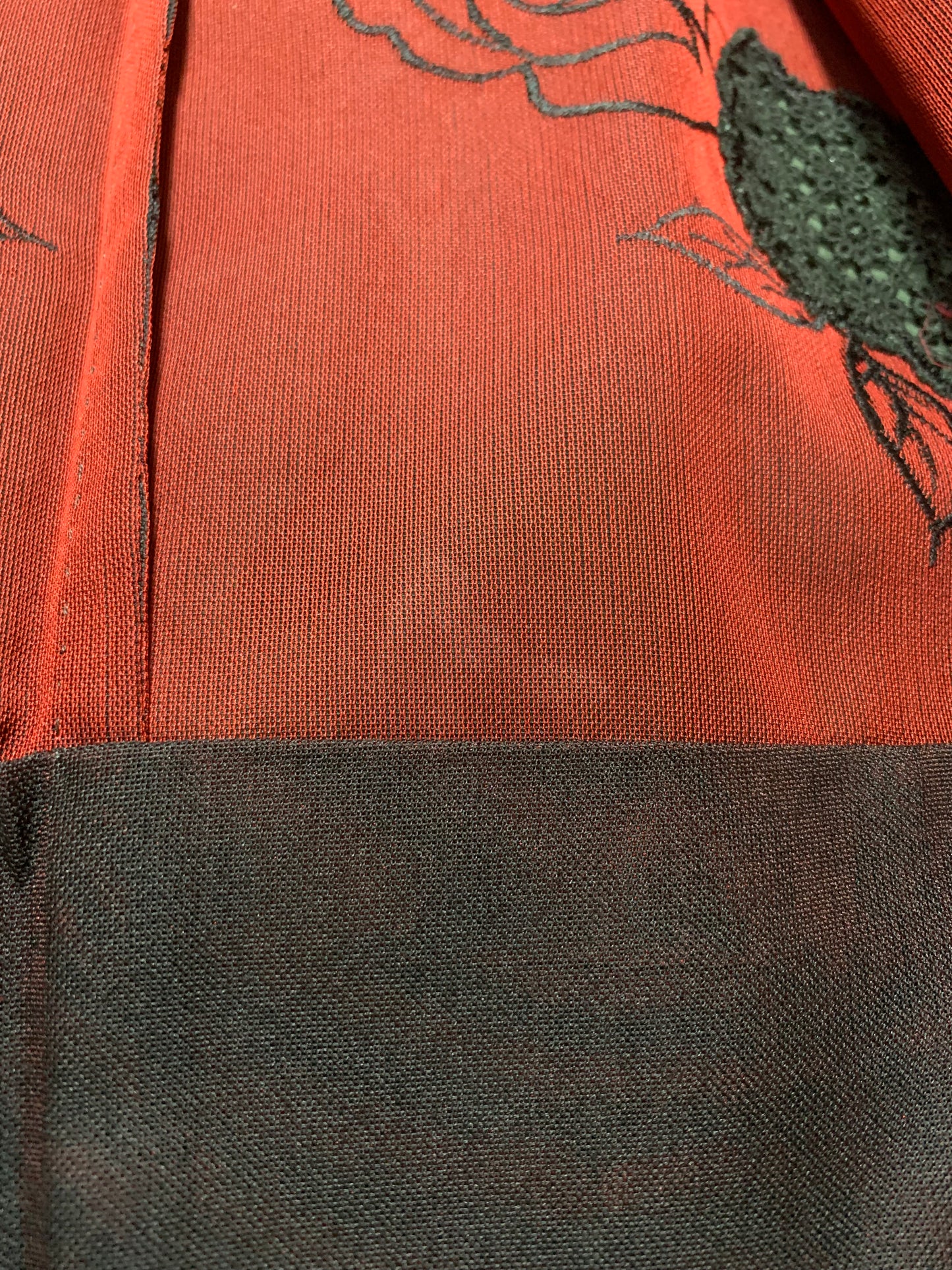 VINTAGE BLACK HAORI SHEER “sha, red, rose, embroidery"
